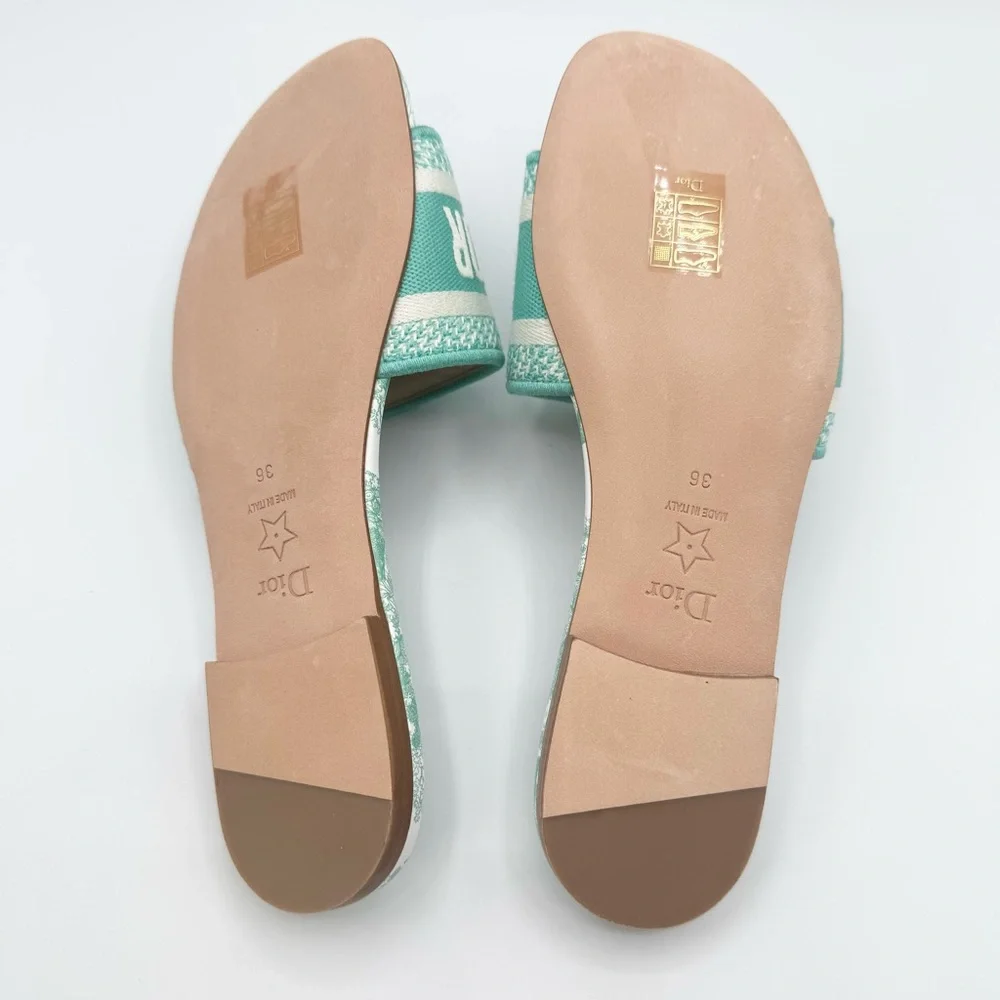 NEW Dior Green White Dway Toile Embroidered Canvas Flat Slide Sandals Shoes